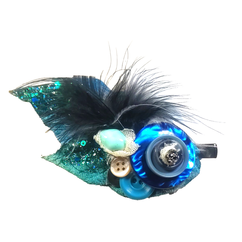 Hand Made Barrette Clip Feathers Button Glitter Blue Black